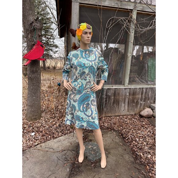 60s Paisley Long Sleeve Shift Dress DRALON Knit Lined Germany Sz 48 - Picture 13 of 13